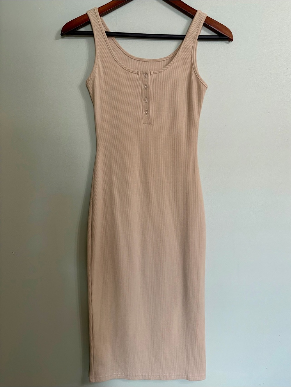 Amazon Essentials Sleeveless Henley Ribbed Midi Dress in Beige